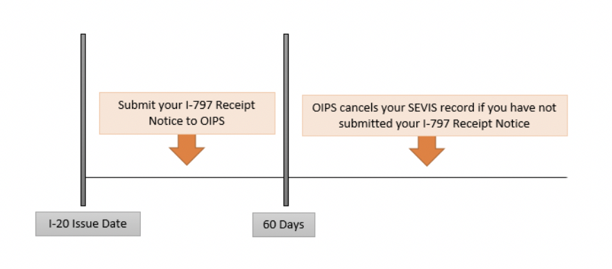If you have submitted a COS to F1 application to USCIS, you MUST submit your I-797 Receipt Notice from USCIS within 60 days from the date the I20 was issued. OIPS will cancel the SEVIS record of any student who has not submitted the I-797 receipt notice by the deadline. Send the notice to oipsregs@gmu.edu.