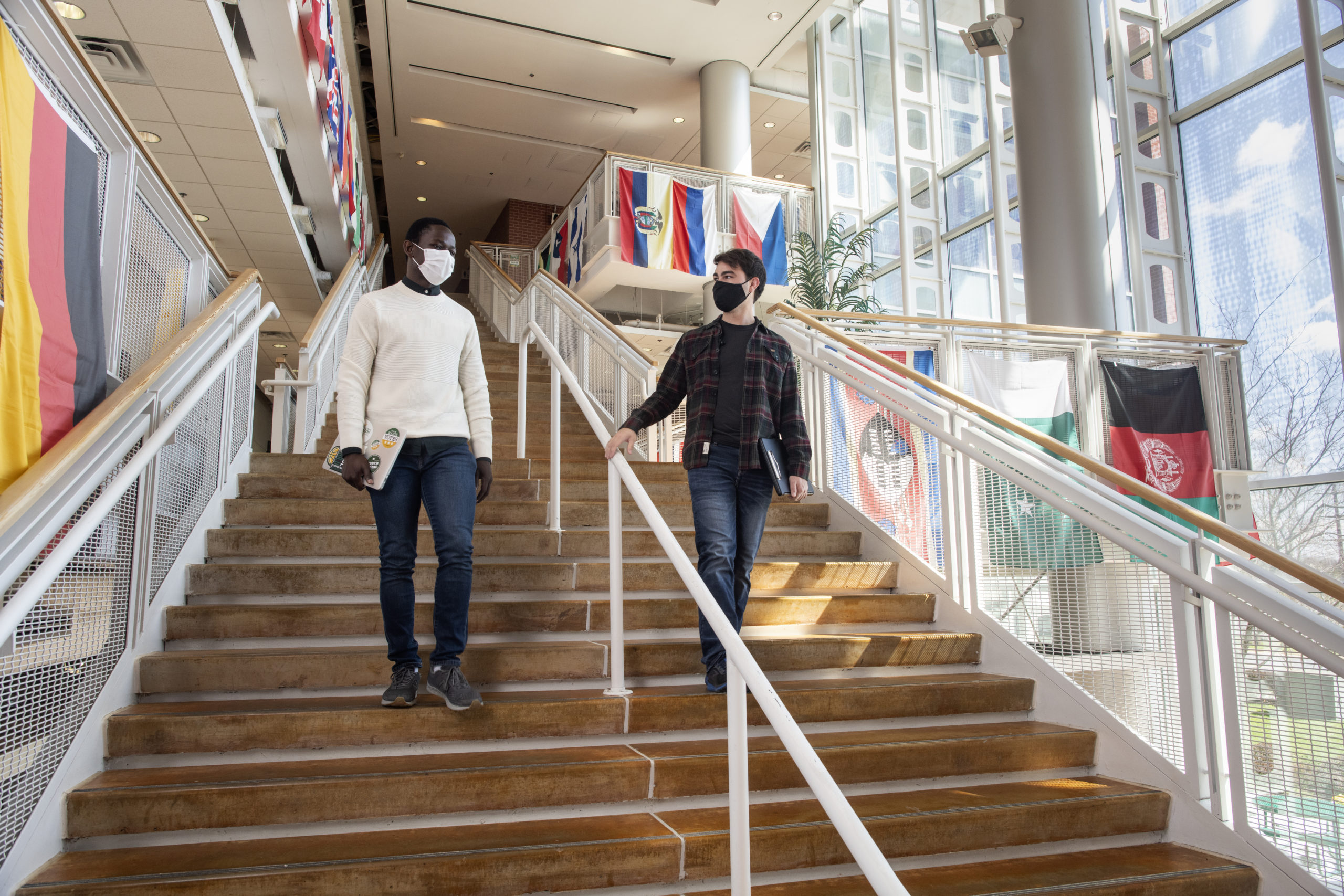 Graduate students walking to class in Katherine Johnson Hall on the Science and Technology Campus. Photo by Evan Cantwell/Creative Services